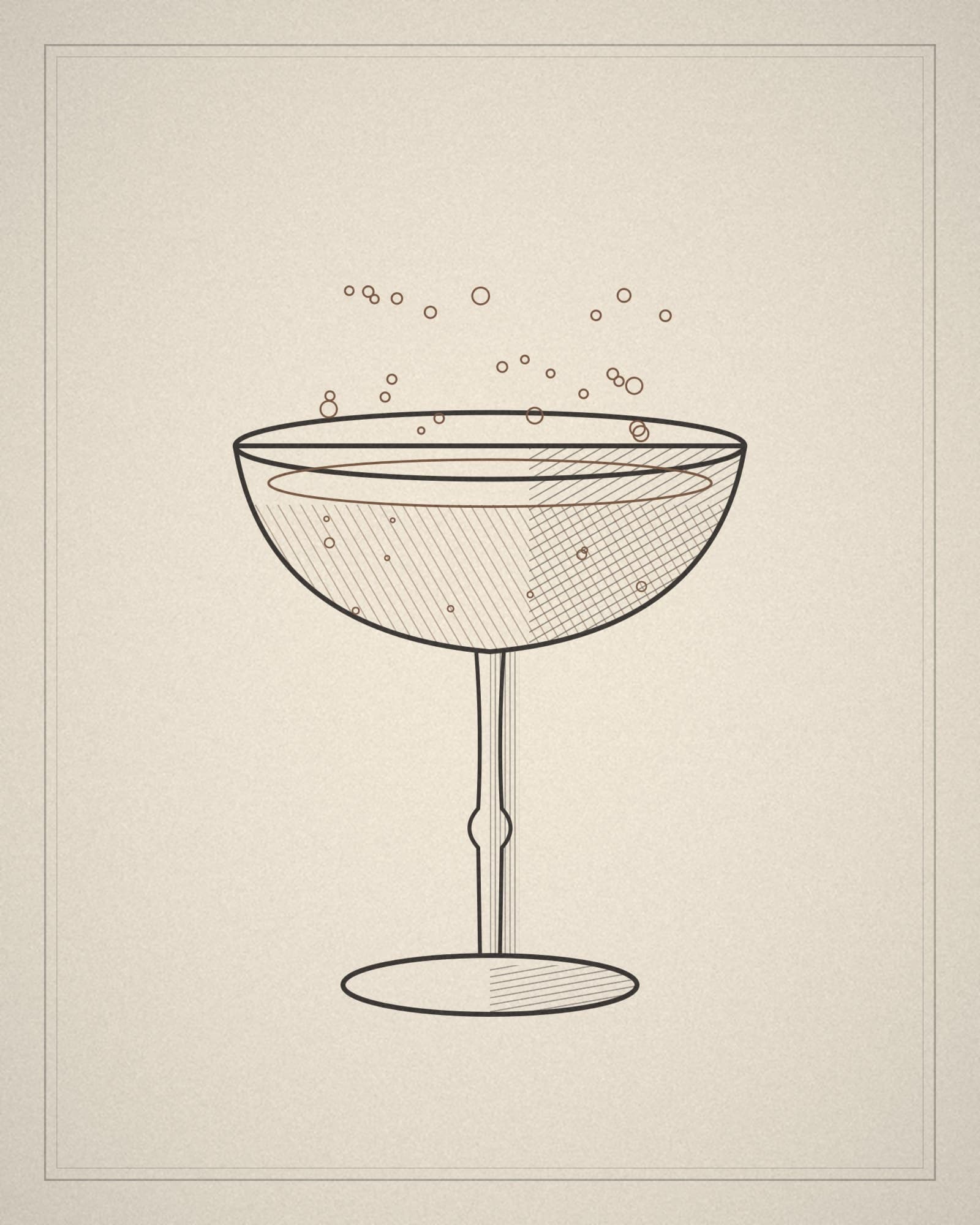 Line drawing of a champagne coupe on cream paper