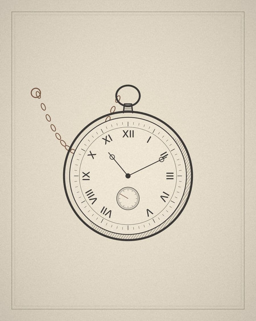 Line drawing of a pocket watch on cream paper