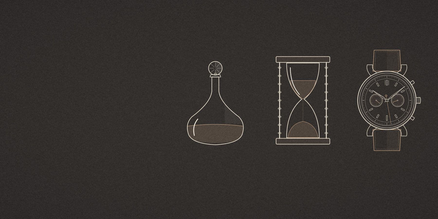 A bottle, a chronograph and a coupe drawn in brown pencil