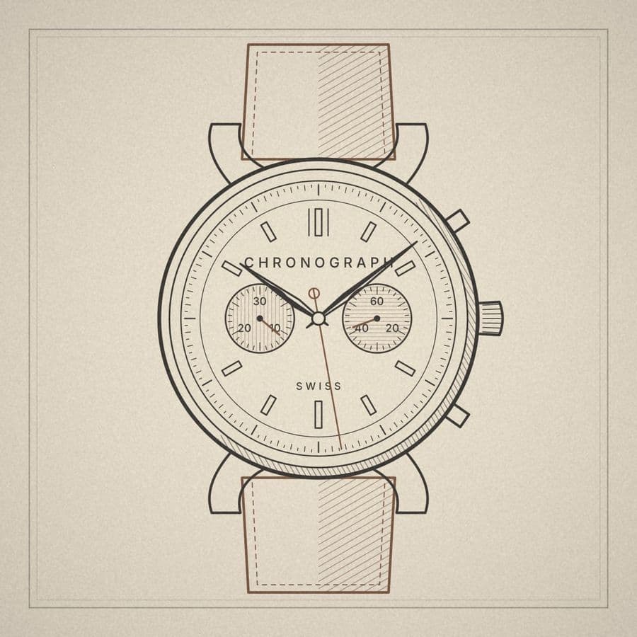 Line drawing of a chronograph wristwatch