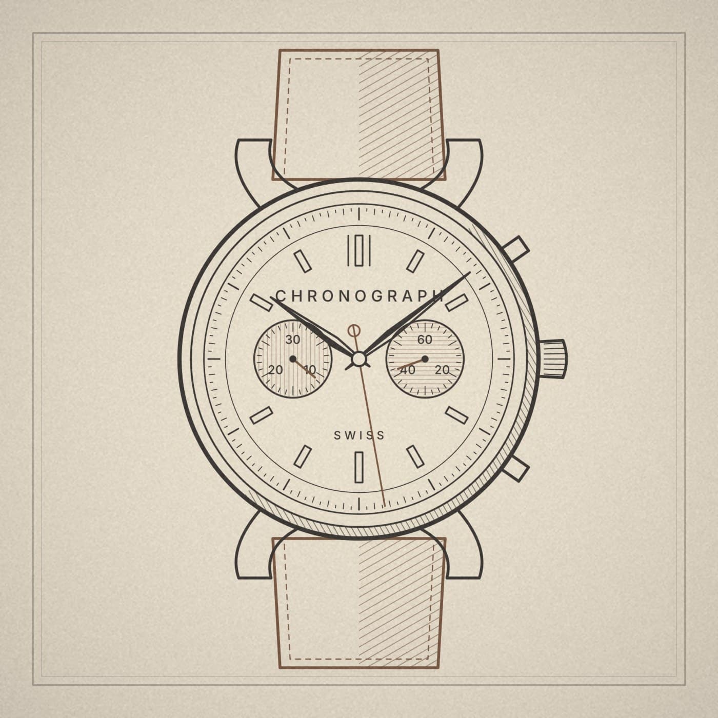 Line drawing of a chronograph wristwatch