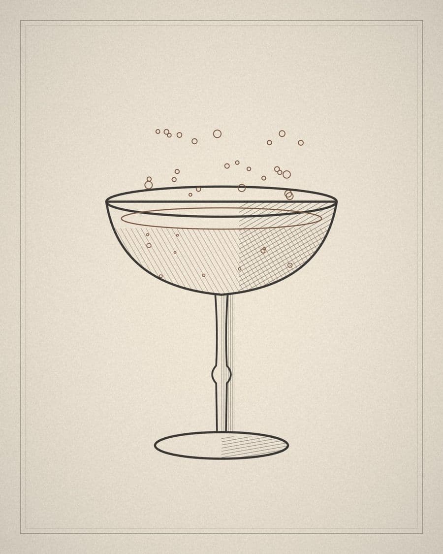 Line drawing of a champagne coupe on cream paper