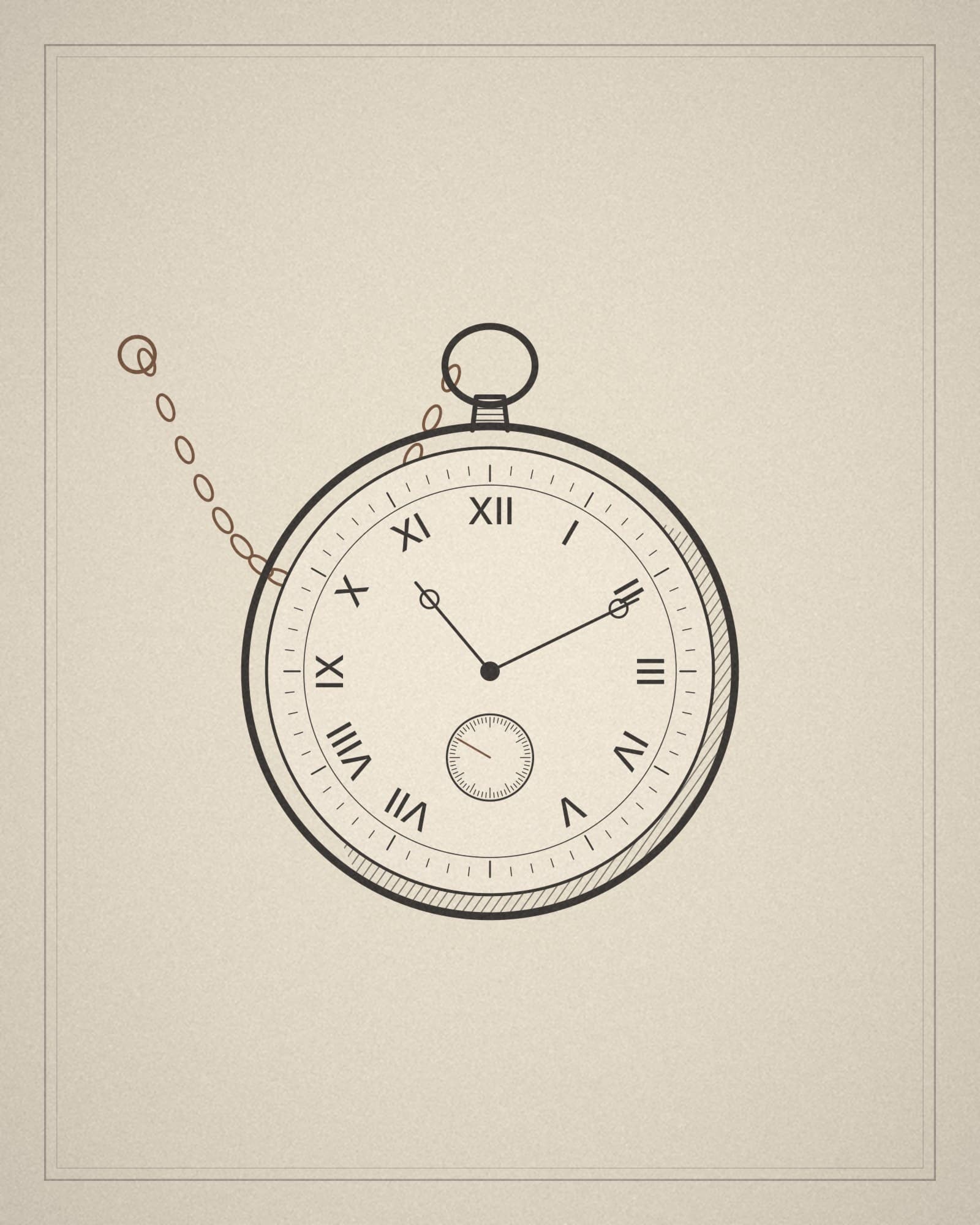 Line drawing of a pocket watch on cream paper